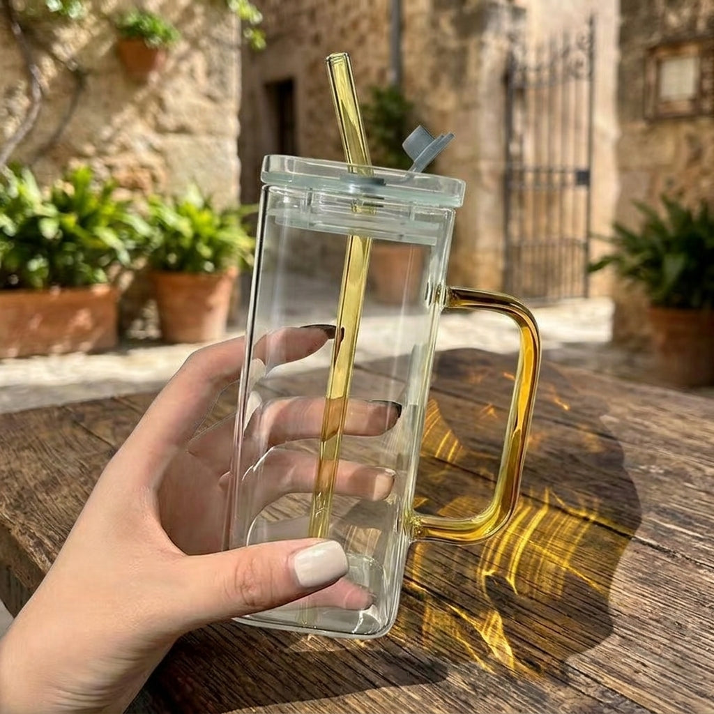 Borosilicate Square Glass Cup With Lid Handle