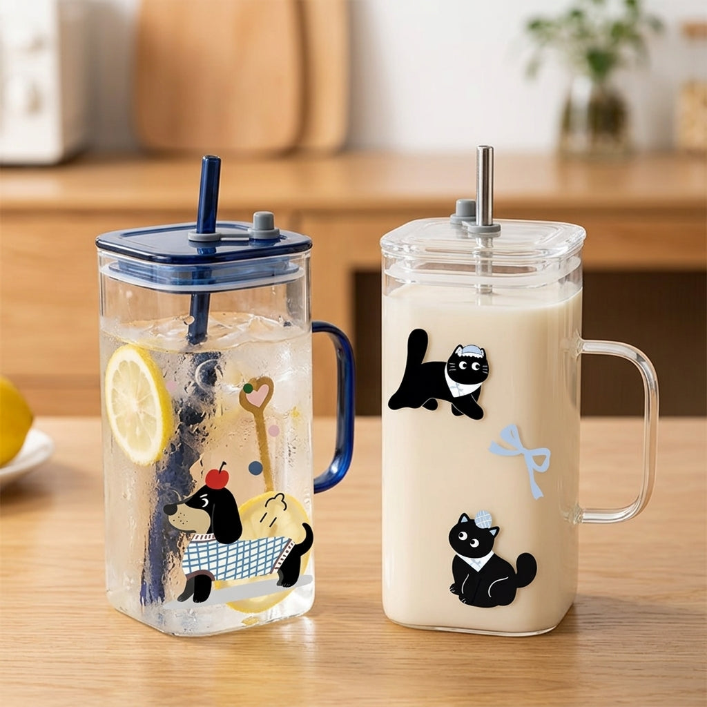 Heat Resistant Square Glass Mug With Straw Handle