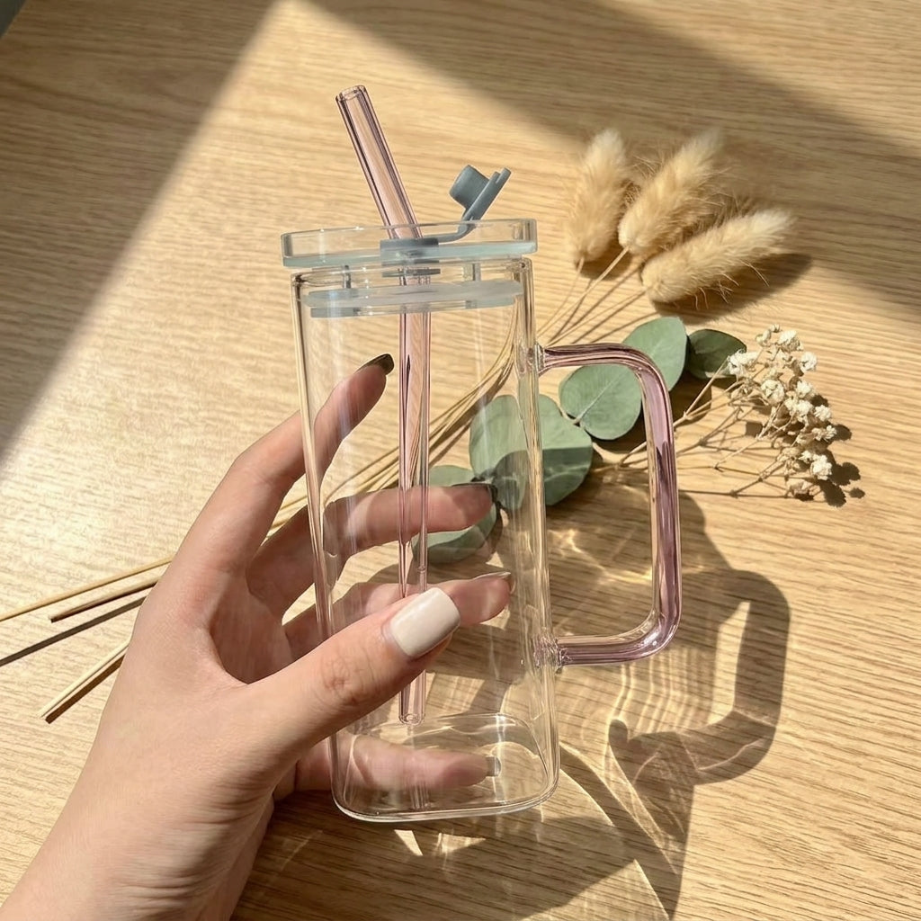 Borosilicate Square Glass Cup With Lid Handle